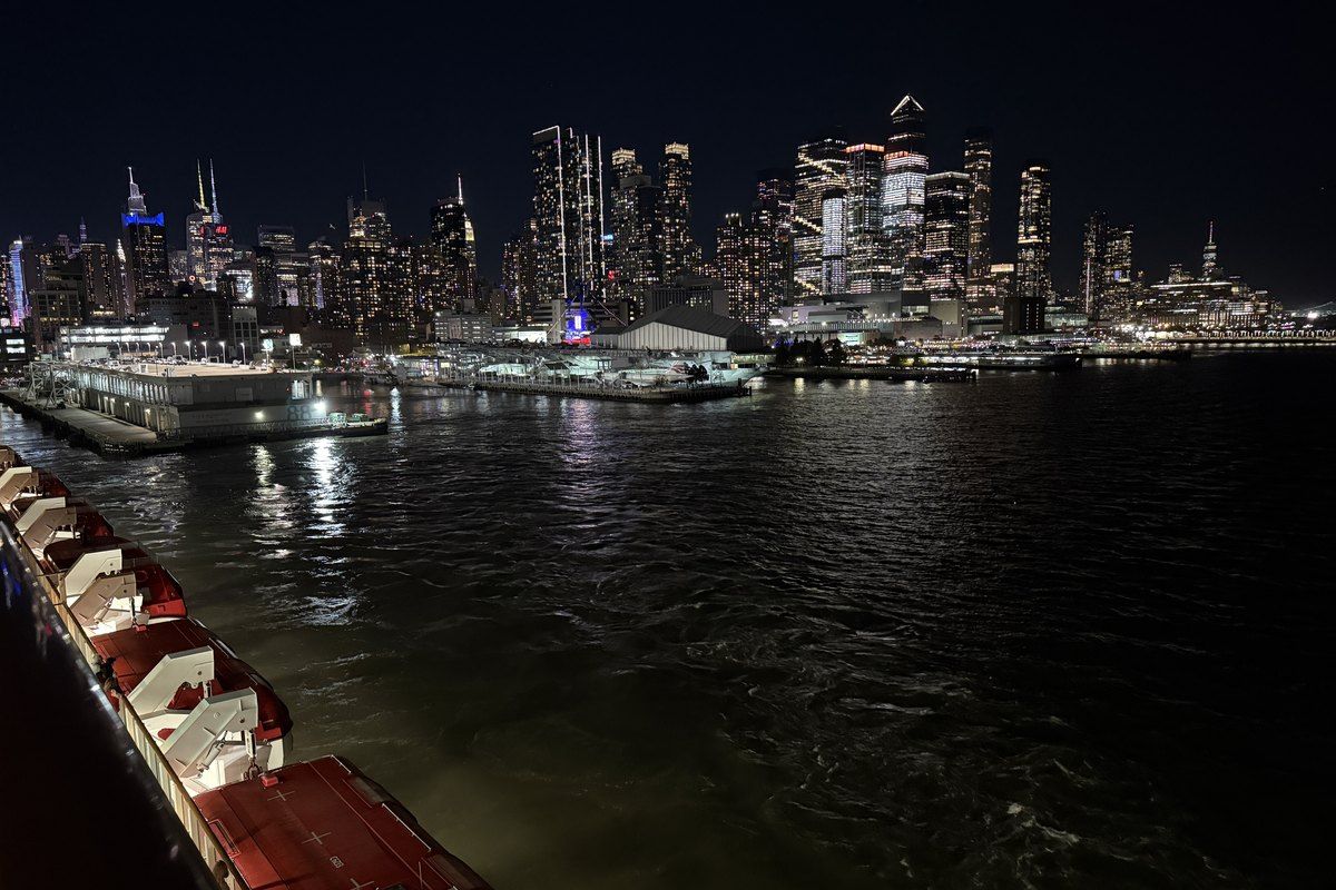 New York City skyline at night as our October 2024 cruise began
